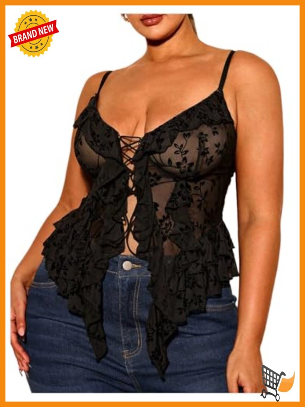 Plus Size Sheer Mesh Lace Up Cami Tank Top Asymmetrical Ruffled Going Out